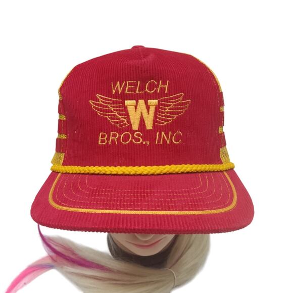 Vintage Welch Bros Inc Snapback Trucker Red Yellow Mesh Hat Cap 3 STRIPE, NWOT - Picture 2 of 6